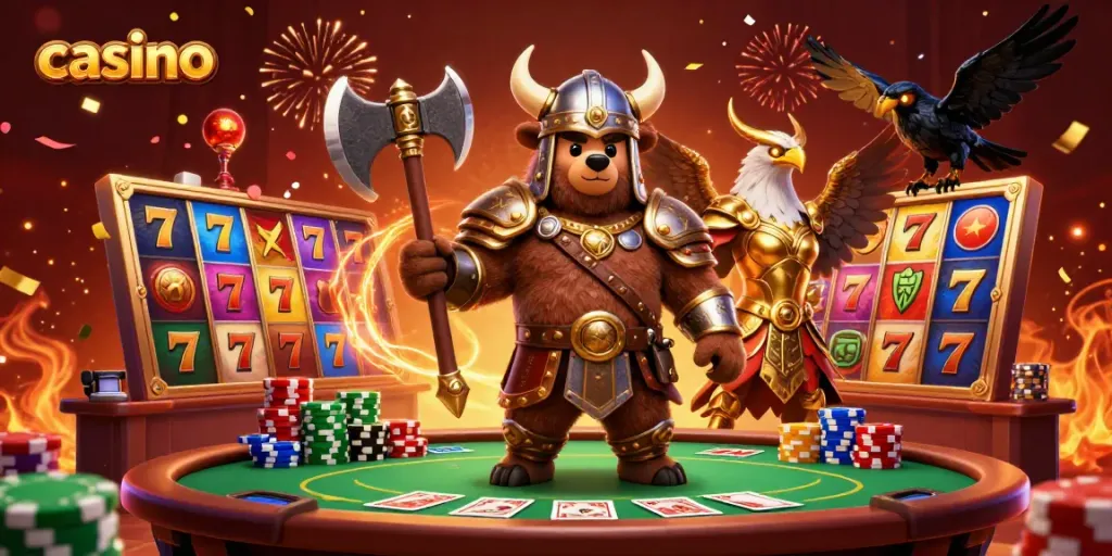 Vibrant 3D casino scene featuring a Viking bear and Valkyrie with slot reels, showcasing an exciting gaming atmosphere.