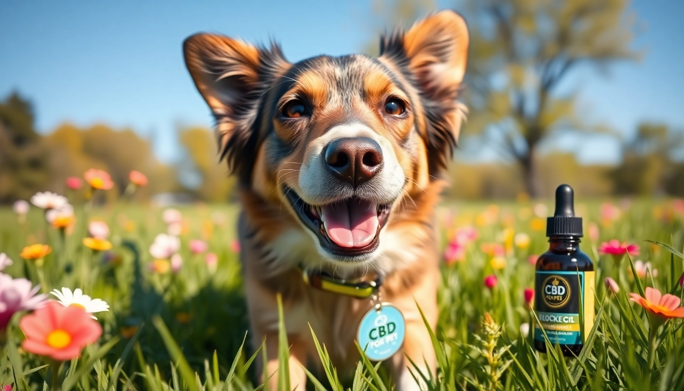 Dog enjoying nature with CBD For Pet collar tag in vibrant park ambiance.