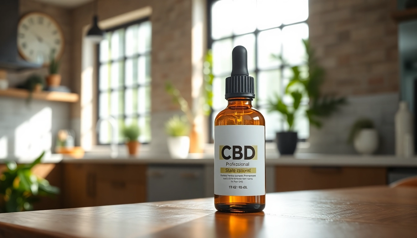 Showcasing a CBD oil bottle in a bright kitchen emphasizing health and wellness.