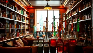 Shop unique hookah products in a lively hookah shop showcasing vibrant flavors and cozy seating.