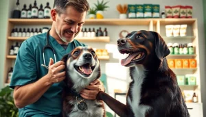 Engaged veterinarian showcasing CBD For Pet products while examining a joyful dog.