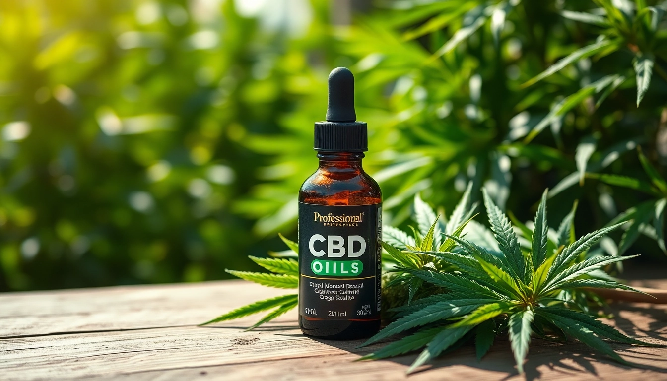 Display CBD Oil bottle with fresh hemp leaves on a wooden table in a natural setting.