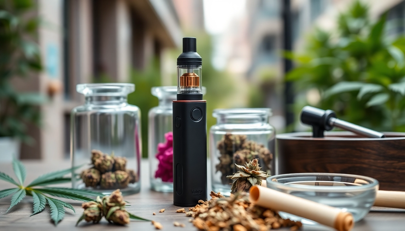Engaging cannabis vape set up with a prominent cannabis vape pen and extracts.