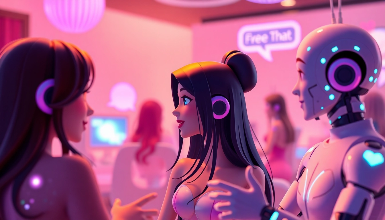 Engaging scene of AI characters chatting in a lively digital environment for free ai sex chat.