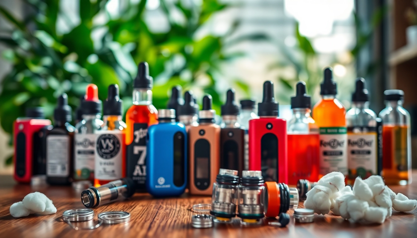Showcase of Vape & E-Liquids with colorful vape devices and glossy bottles on a wooden table.