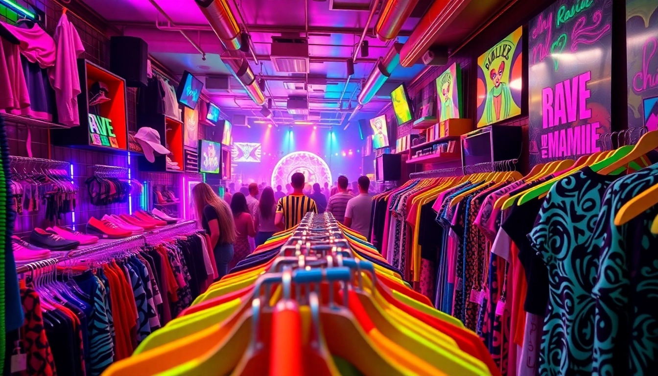 Shop vibrant outfits at rave store miami with energetic atmosphere and lively accessories.