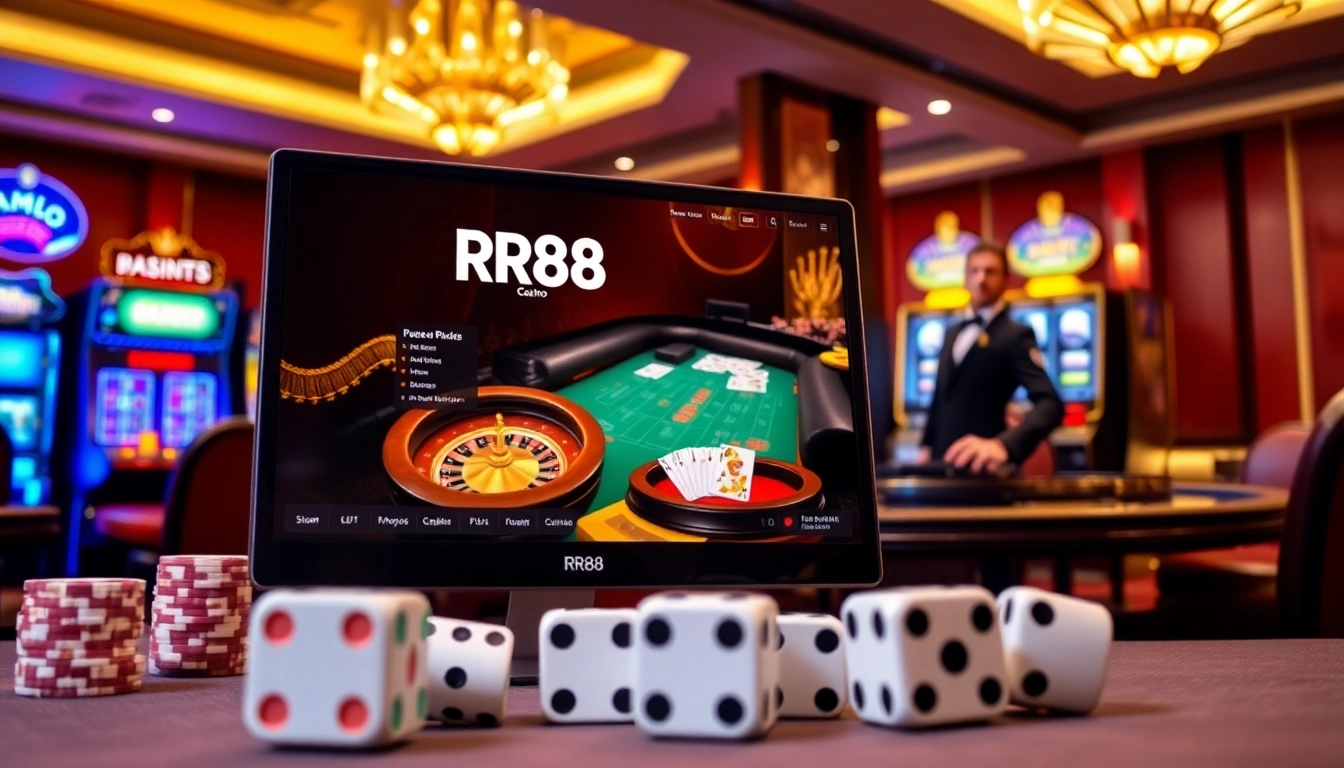 RR88 online gaming scene showcasing elegance with poker chips and a roulette wheel.