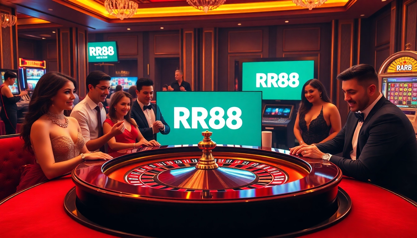 RR88 players engaged at a roulette table, showcasing excitement in a vibrant casino environment.