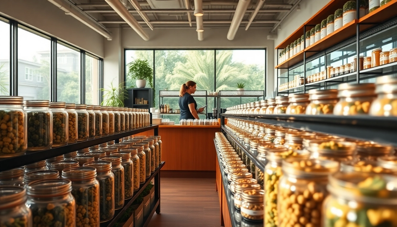 Browse various products in a welcoming weed store, featuring colorful cannabis options.