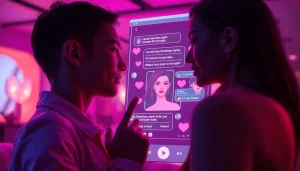 Engaging scene of a sex AI chat interaction with vibrant avatars and digital chat interface.