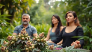 Experience relaxation with Mental Wellness CBD buds in a tranquil meditation setting amidst nature.