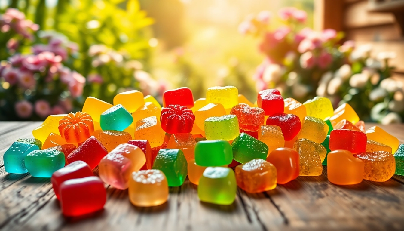 Enjoy colorful Weed Gummies displayed on a wooden table in a bright, inviting setting.