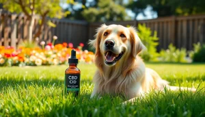Golden retriever enjoying outdoors with CBD Oil For Dog bottle visible beside it.