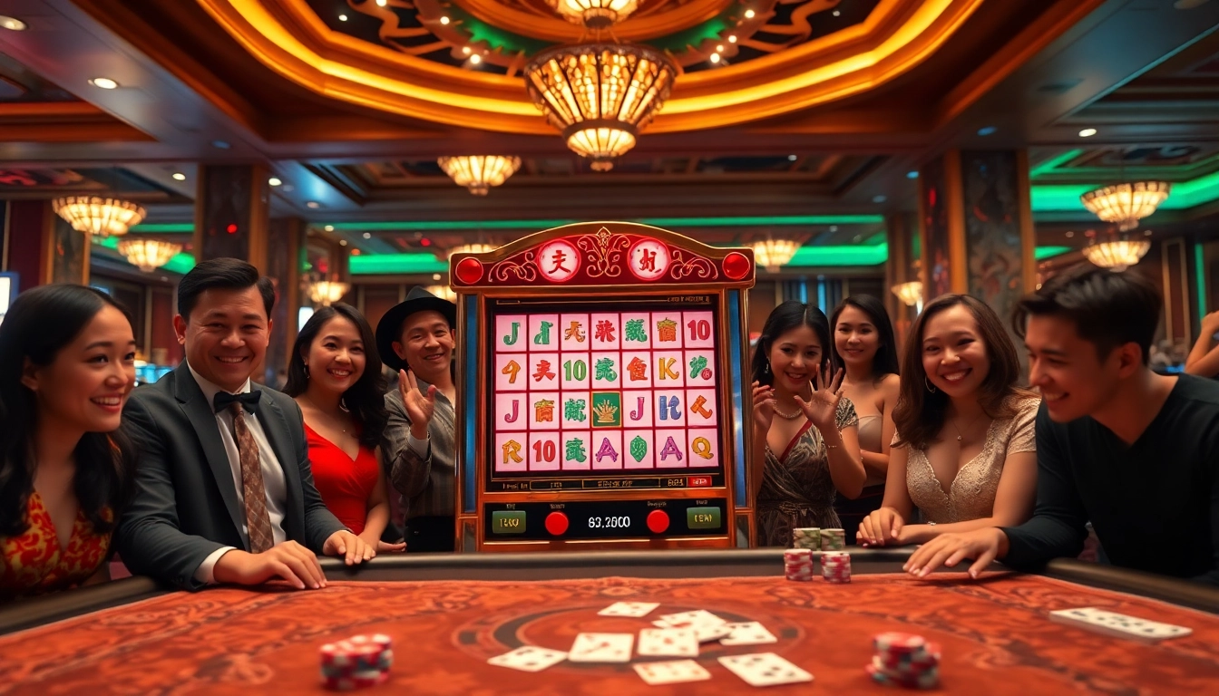Engaging players enjoying a mahjong slot demo in a luxurious casino setting with vibrant visuals.