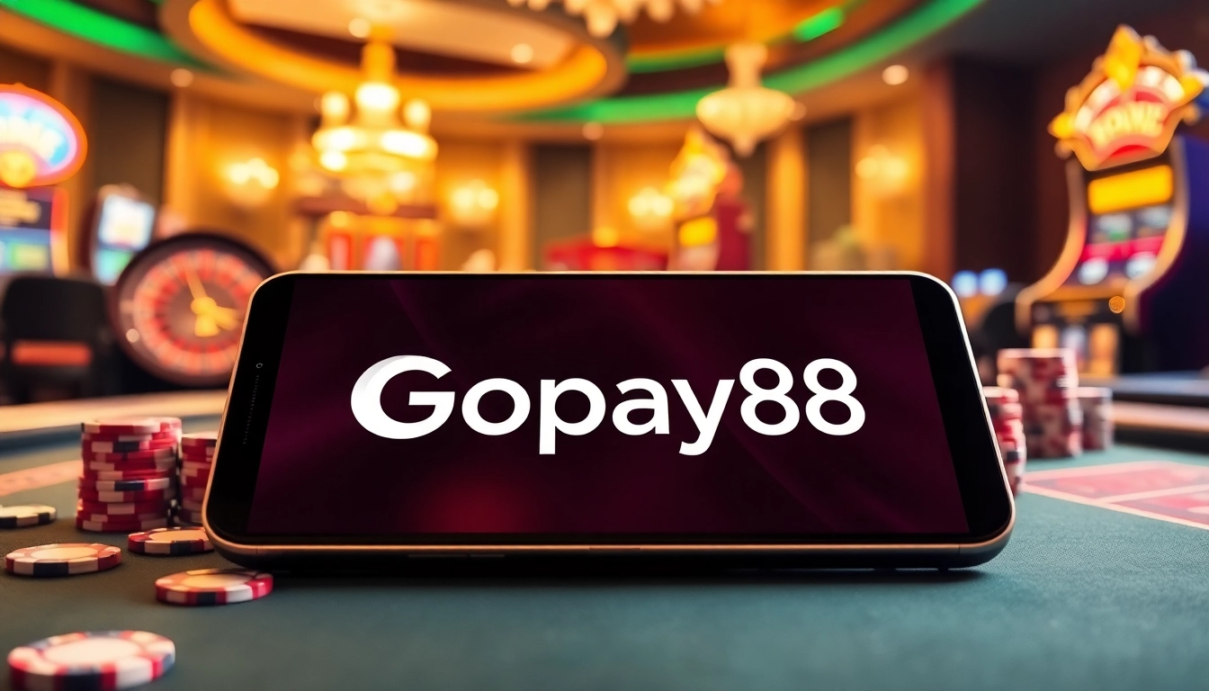 Experience the thrill of Gopay88 with an engaging casino scene showcasing poker chips and a roulette wheel.