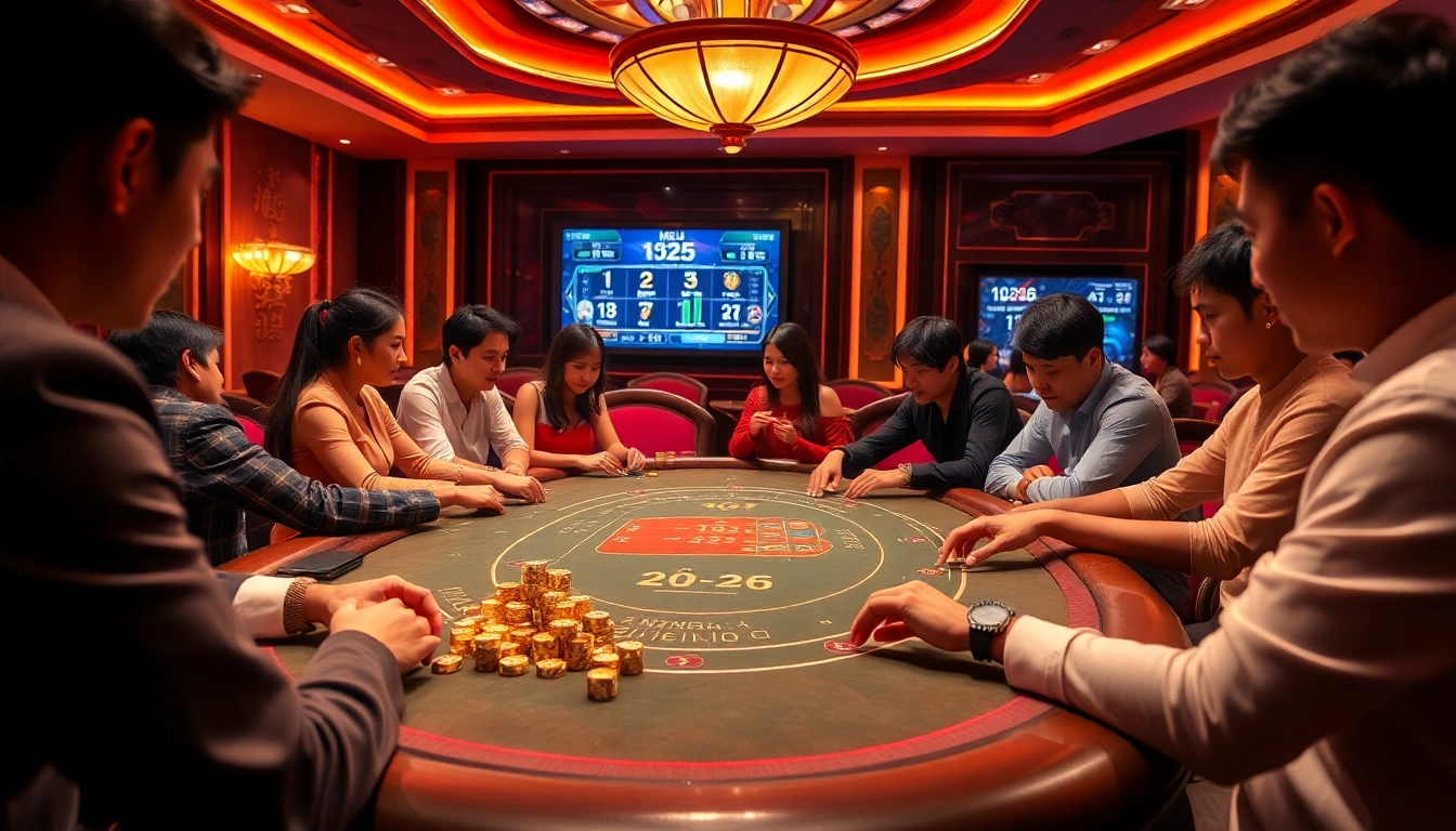Players enjoying a thrilling game of tài xỉu md5 with chips and dice in a luxurious casino setting.
