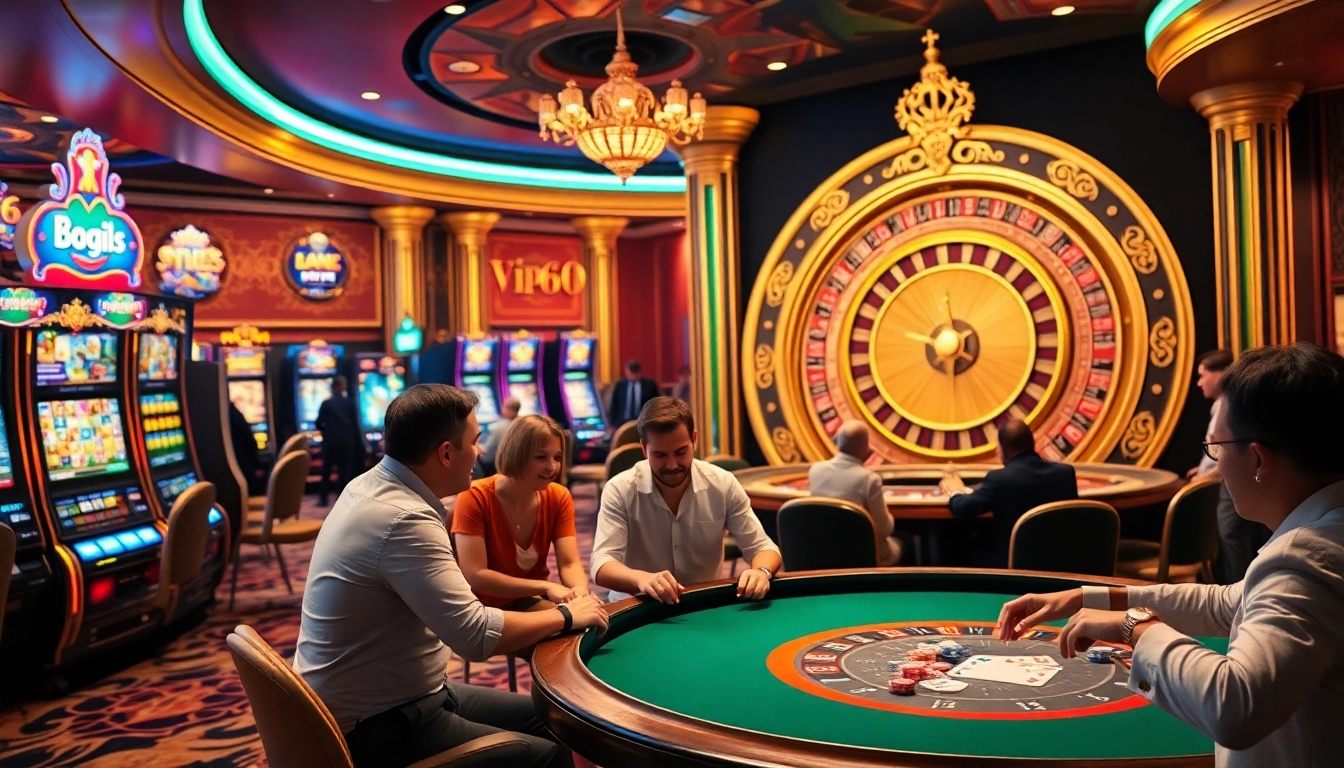 Engage in the thrilling vip66 bet experience at a vibrant casino featuring lively slot machines and active poker games.