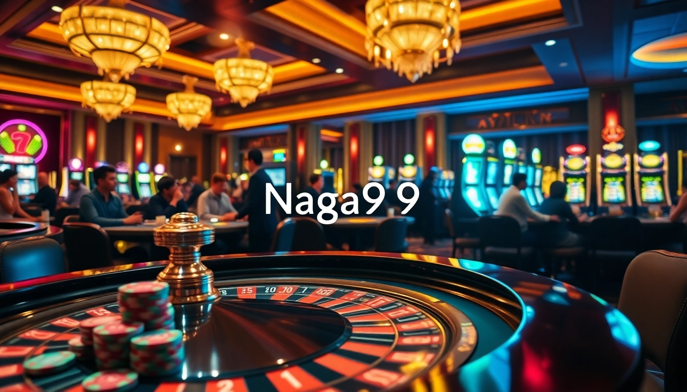 Naga99 offers thrilling casino gameplay with vibrant tables, chips, and an exciting roulette wheel.