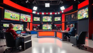 Sports Broadcasting setup featuring dynamic anchors and live screens in a vibrant studio.