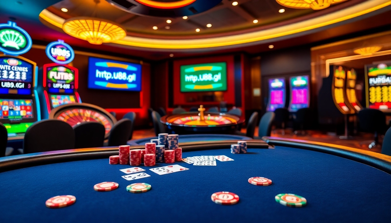 Engaged players at a luxurious poker table in a vibrant casino with https://uu88.gl/ featured.