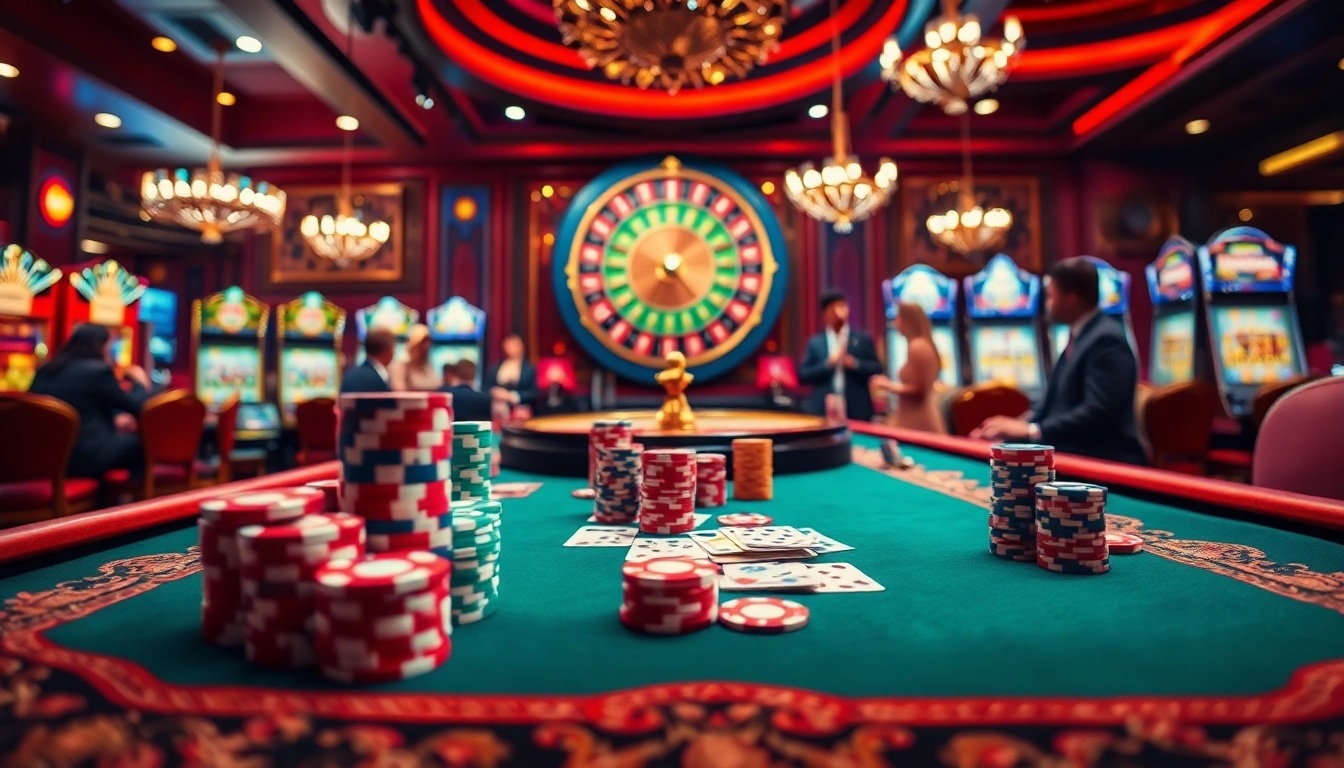 Experience the thrill of gambling at LC88 with luxurious casino tables and vibrant poker chips.