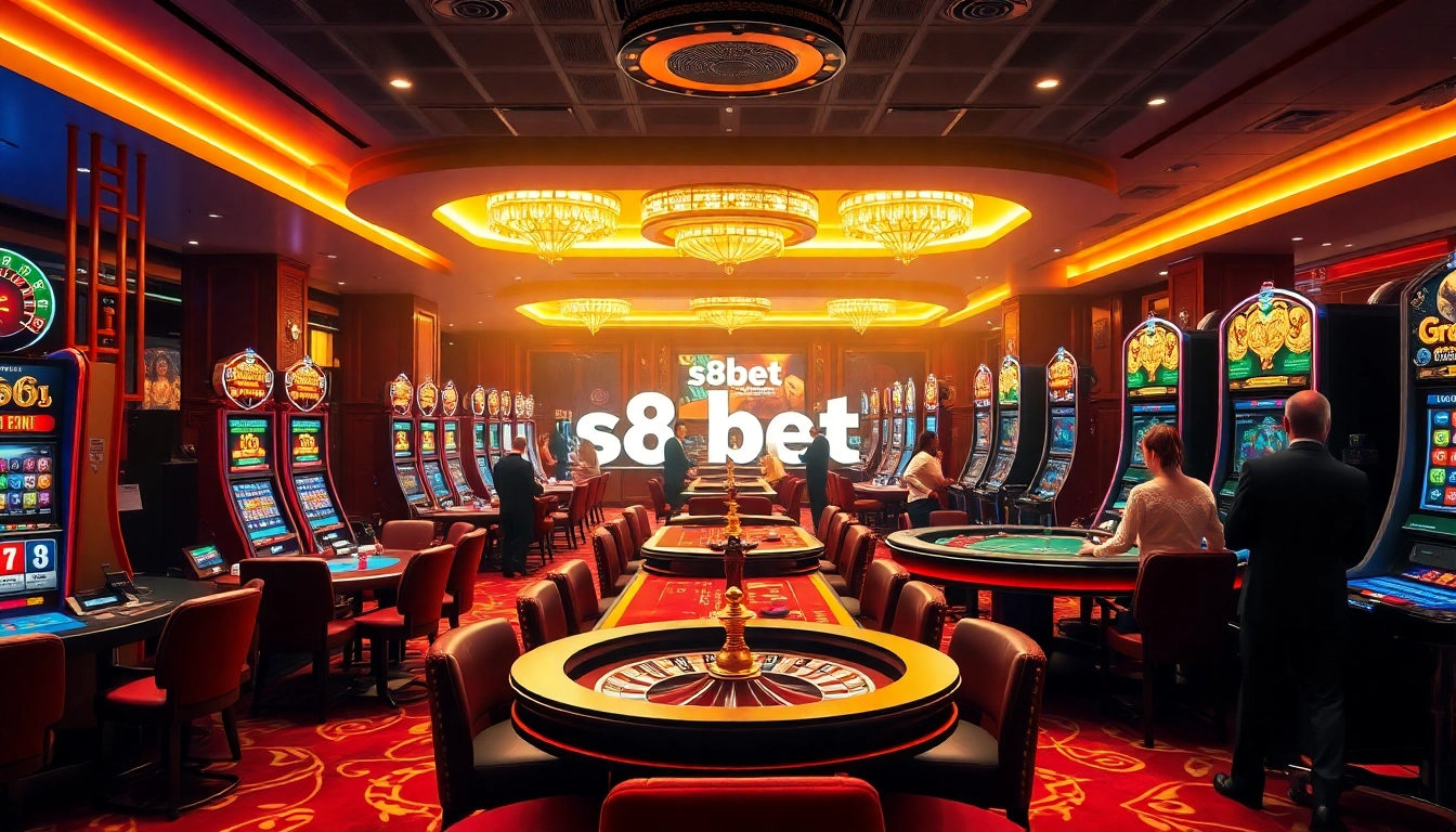 s8 bet highlighted in a vibrant casino scene with players, slot machines, and gaming tables.