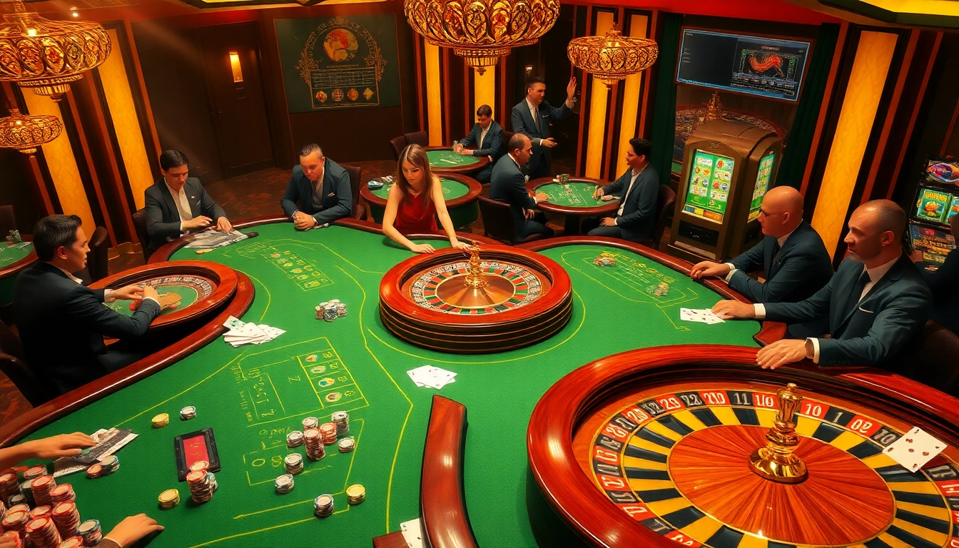Players strategizing at the poker table on https://mm888.media/ with vibrant casino elements.