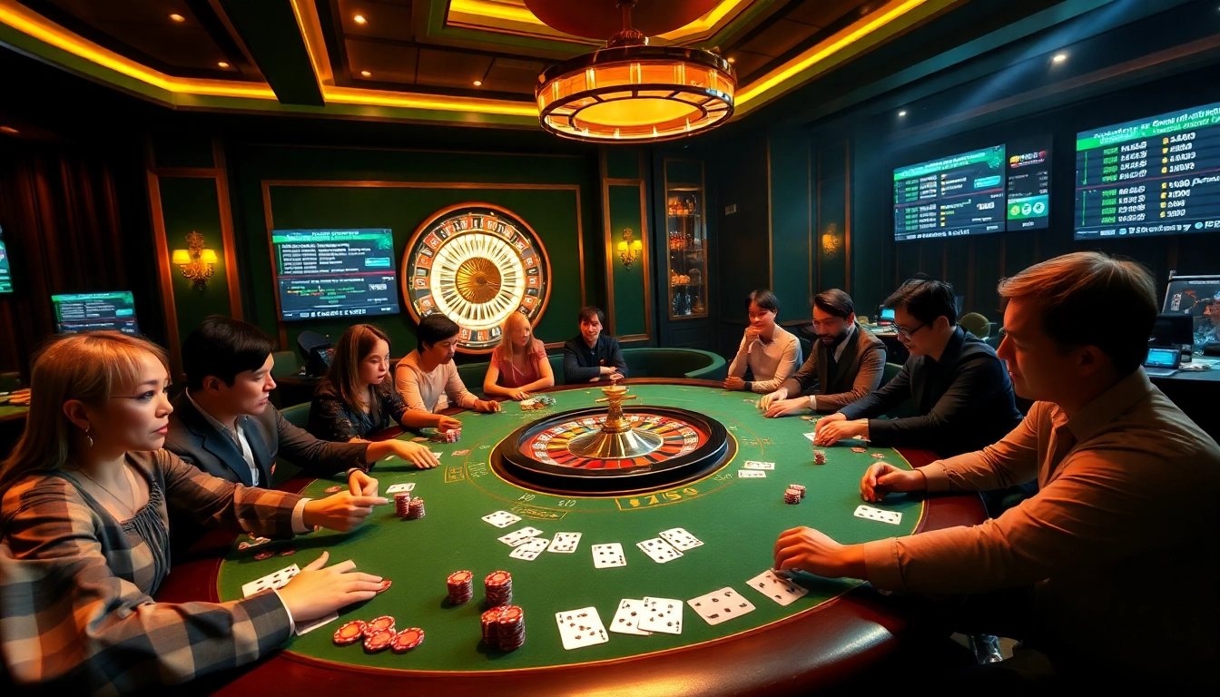 Players enjoying a thrilling U888 poker game at a luxurious casino table with vibrant chips and cards.