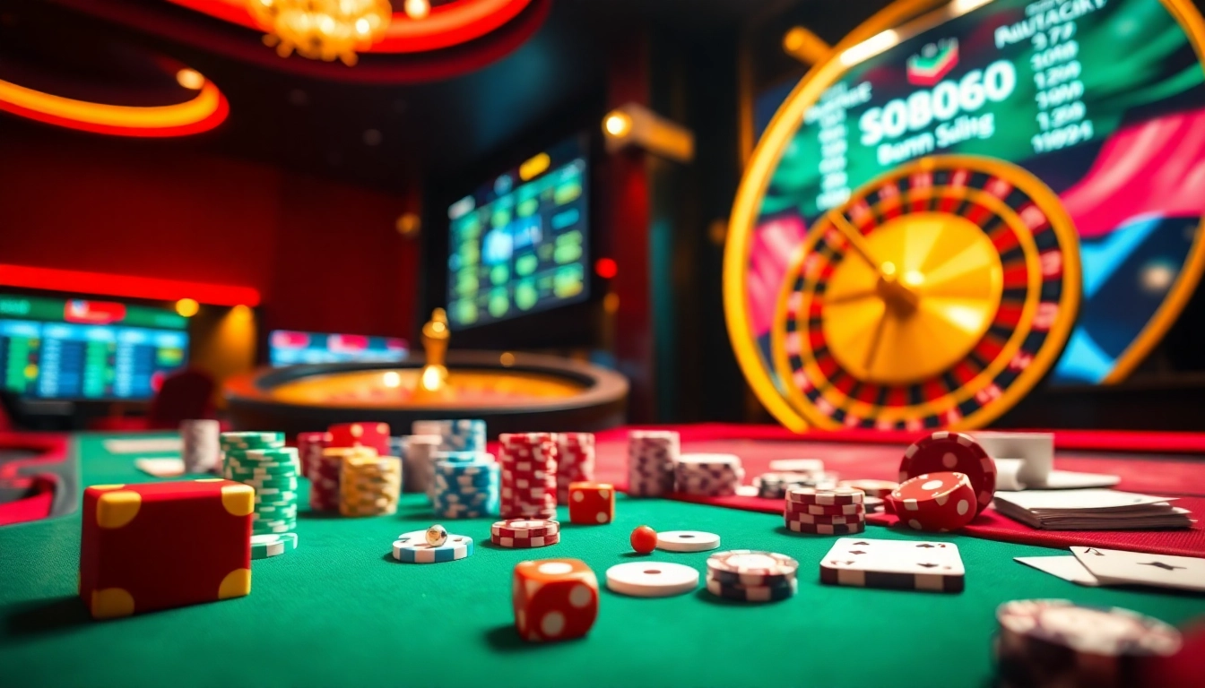 Sbobet login interface among vibrant casino elements like cards and chips, embodying excitement.