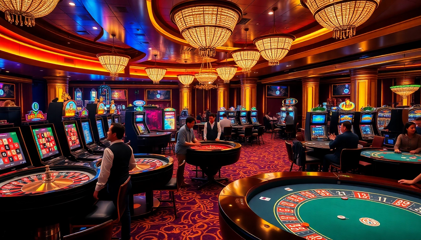 Gamble at luck8 esq, with players celebrating wins at vibrant casino tables.