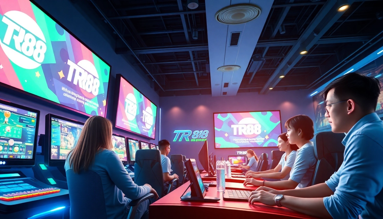 TR88 online gaming platform interface in a modern gaming room, showcasing excitement and user engagement.