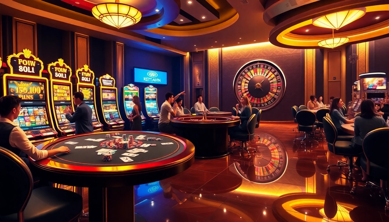 Experience the thrill of 777VIP with a luxurious casino scene featuring poker tables, slot machines, and roulette wheels.