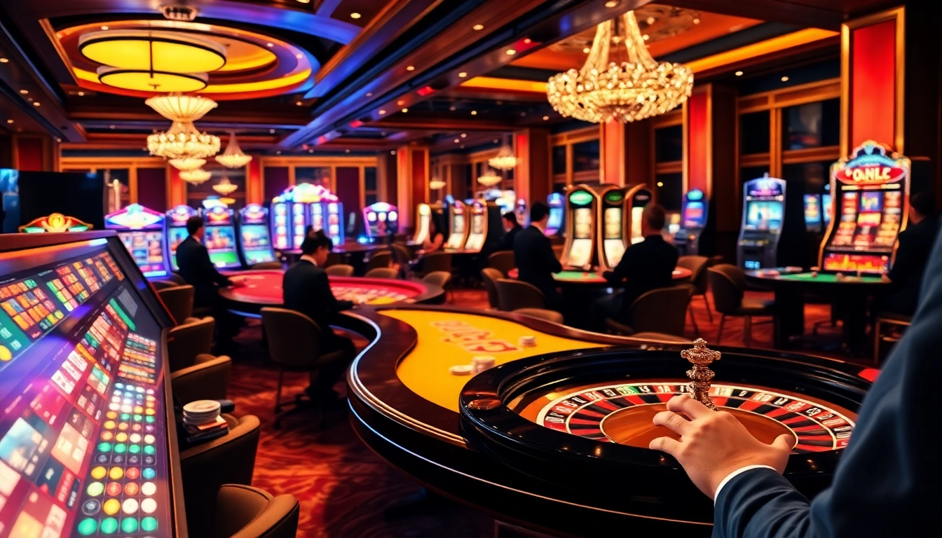 S8 casino scene showcasing vibrant poker tables and slot machines in a luxurious environment.