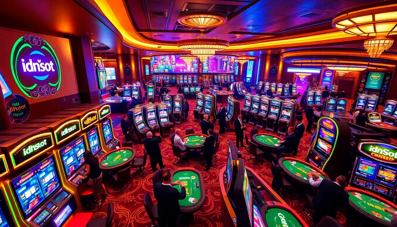 Exciting casino scene showcasing idnslot branded games with gamblers enjoying vibrant slot machines.