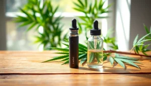 Discover the soothing CBD Vape pen and oil on a wooden table with green accents.