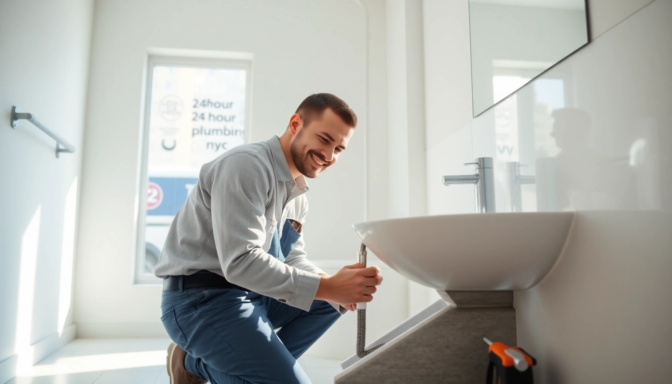 Professional 24 hour plumber nyc repairing a leaky faucet in a modern bathroom.