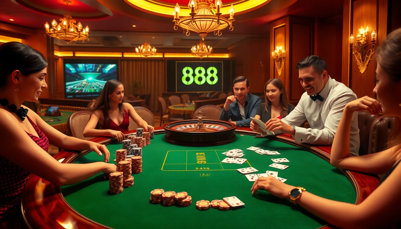 An exciting poker scene at 888new with players engaged in a high-stakes game, showcasing vibrant chips and cards.