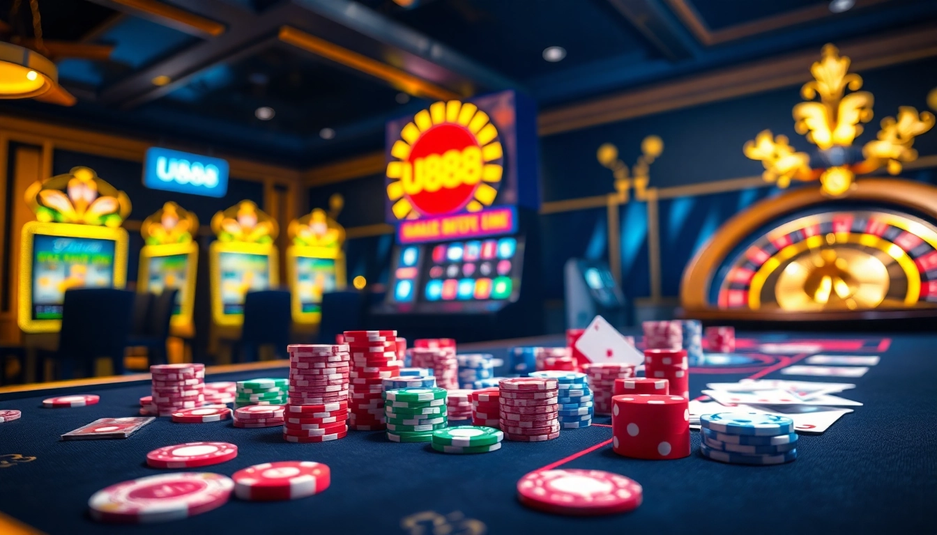 Experience the excitement of U888 with vibrant casino gaming elements including poker chips, cards, and slots.