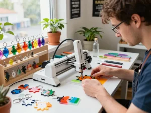 Craftsman designing a keychain custom from acrylic in a vibrant workshop