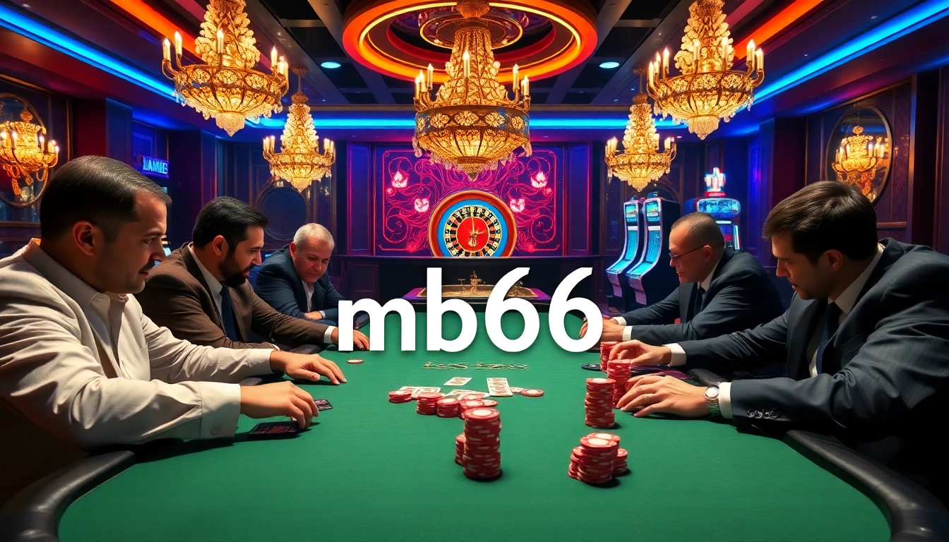 Experience the excitement of mb66 with a luxurious poker table and vibrant casino atmosphere.