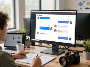 Engaging tech workspace with Spicychat AI interface on monitor showcasing interactive user conversations and AI responses.