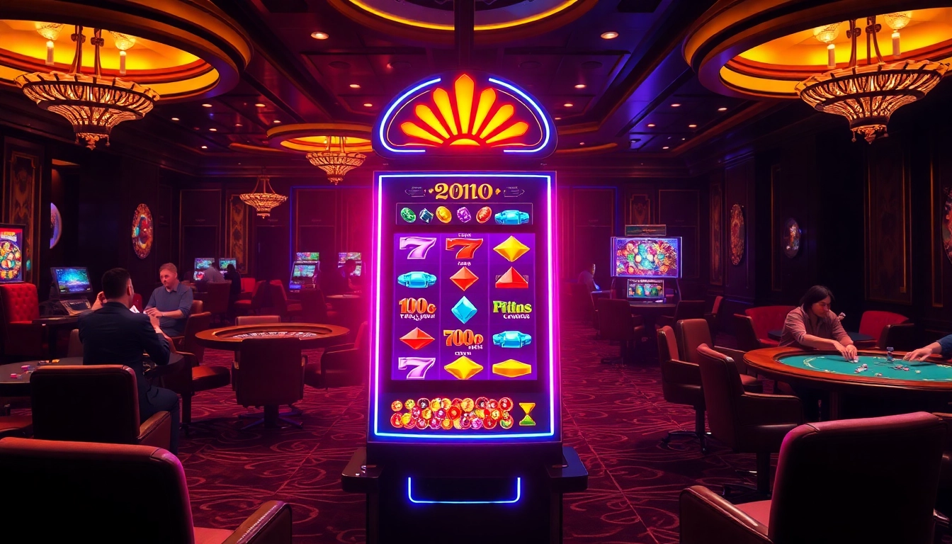 Experience excitement with demo slot pragmatic in a luxurious casino setting, showcasing vibrant machines.