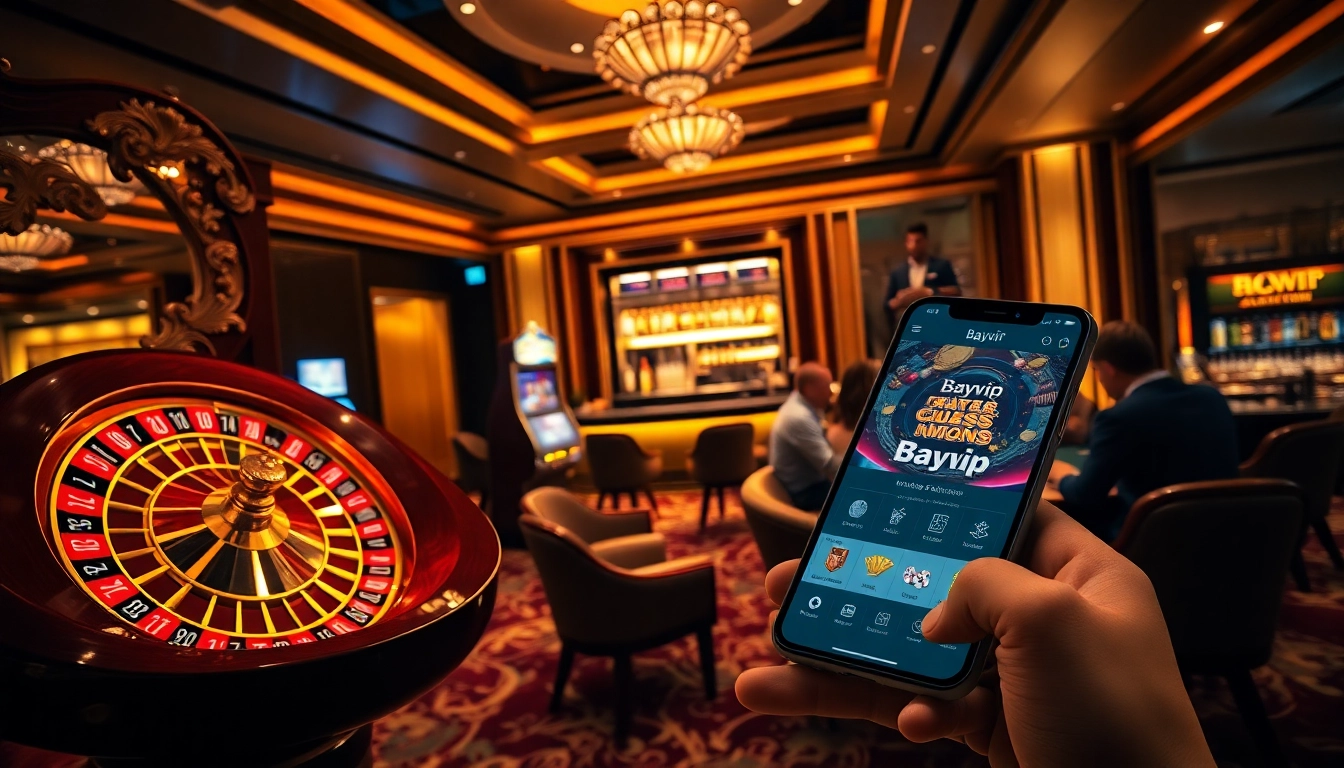 Experience the excitement of Bayvip at a luxurious casino setting, featuring roulette, slots, and poker.