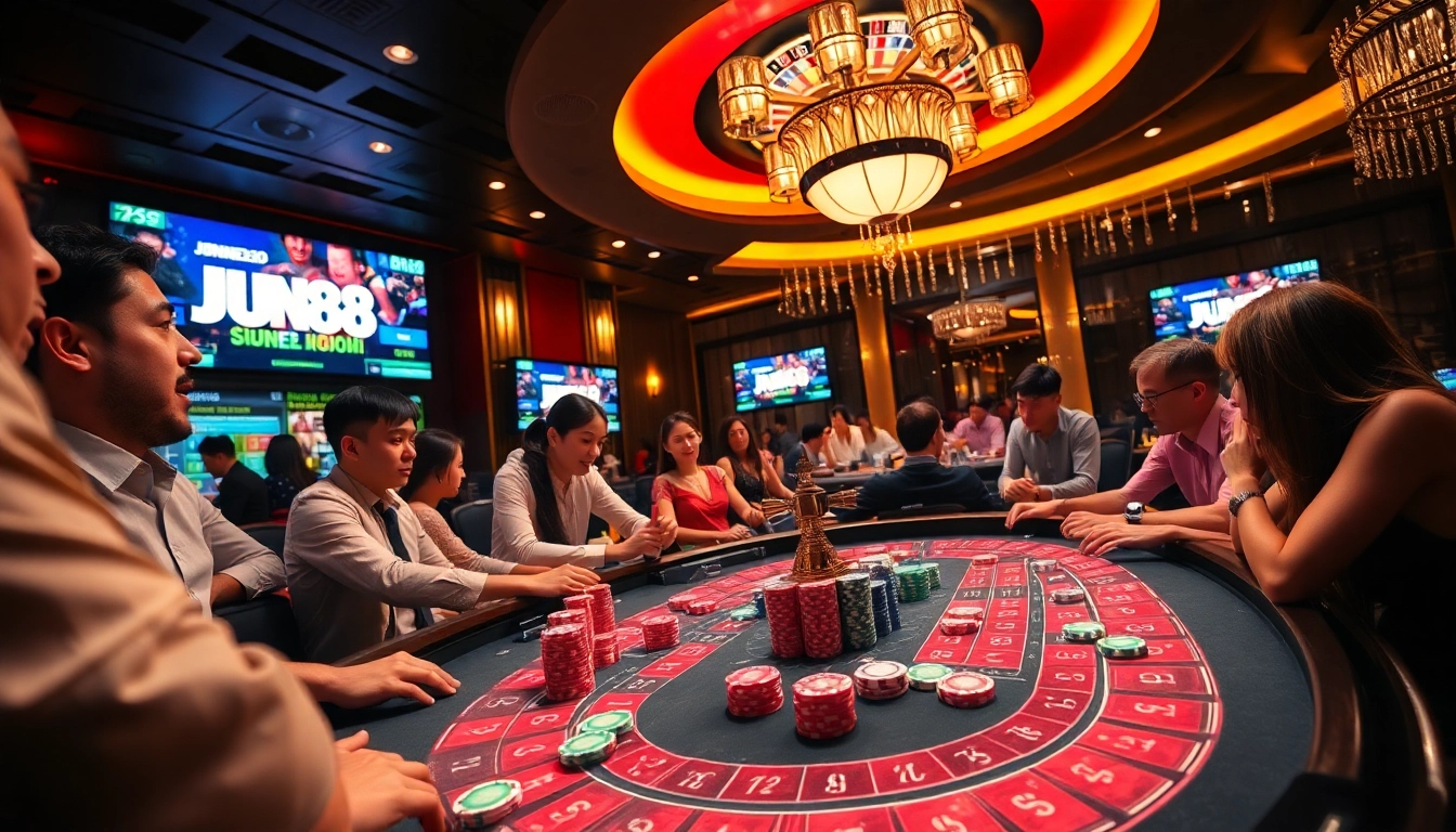 Experience the excitement of gambling at Jun88 with vibrant casino tables and engaging players.