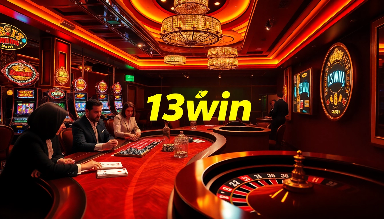 Engage with the thrill of gambling at 13win's luxurious casino environment featuring vibrant tables and games.