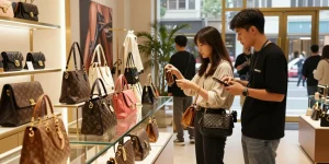 Engaging shopper exploring luxury 레플리카 쇼핑몰 items in a modern retail environment, showcasing vibrant accessories and inviting atmosphere.