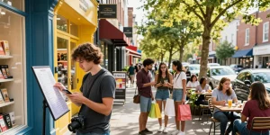 Local shopping experience with individuals browsing shops and directories at https://forumup.org/shop/search.php?ca_id=&addr1=&addr2=&addr3=&schKeyword= in a vibrant urban environment.
