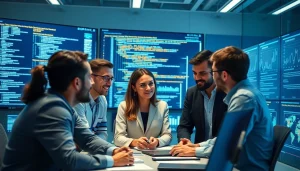 Team working on EORMC AI blockchain development in a high-tech environment, showcasing teamwork.