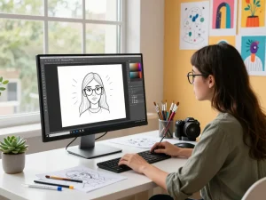 Artist using Nano Banana Pro for AI image creation in a vibrant digital art studio.