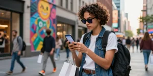 Engaging lifestyle moment showcasing a shopper exploring 레플리카 쇼핑몰 in a vibrant urban setting.